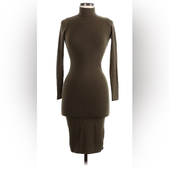 Olive Green Long Sleeve Crew Neck Bodycon Dress - Picture 1 of 3